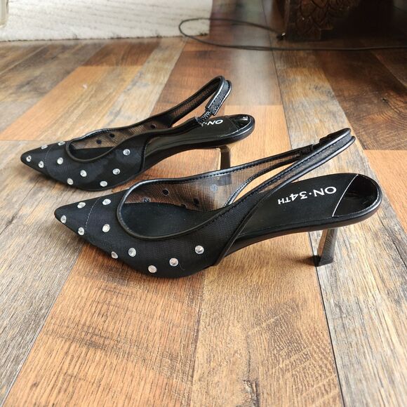ON 34th Baeley Kitten Heels Pump Slingback Black Mesh Sandals Sz 7M NWOT Glam - Picture 6 of 10
